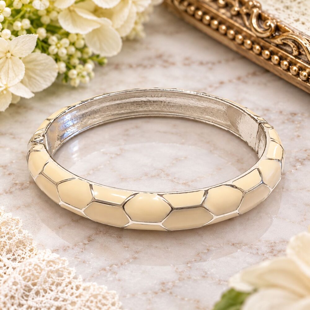 Silver Tone Cream Enamel Honeycomb Hinged Bangle Bracelet Hexagon Design